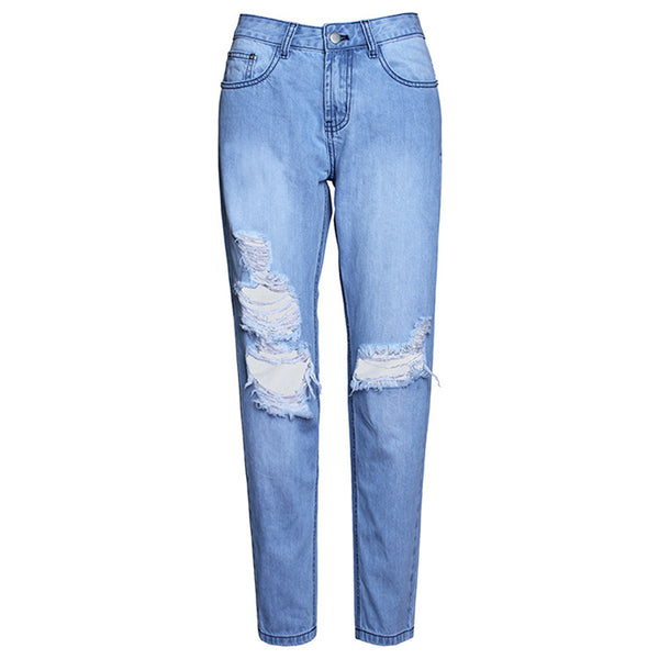2016 New Arrival Women Jeans Mid Waist Women Hole Pants Summer Denim Jeans Pants Light Washed Loose Cotton Trousers