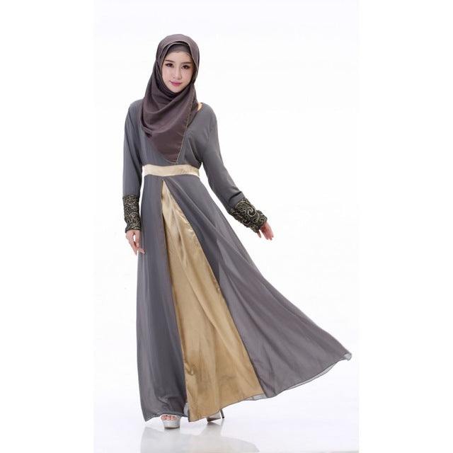 2016 Women Muslim Cuff Lace Embroidered Long Maxi Dress Jilbabs Abaya Islamic Chiffon Dresses