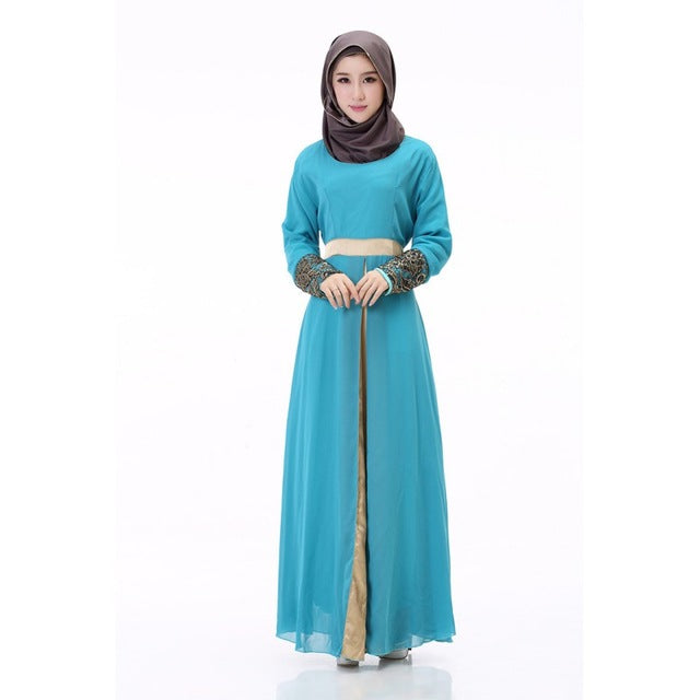 2016 Women Muslim Cuff Lace Embroidered Long Maxi Dress Jilbabs Abaya Islamic Chiffon Dresses