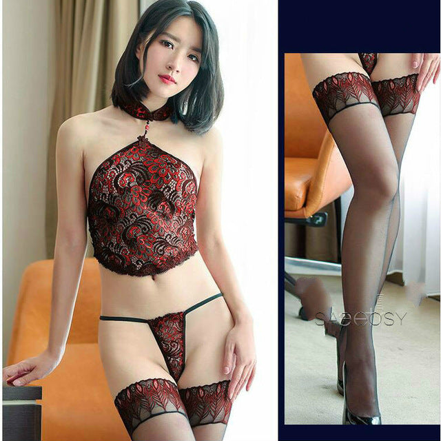 2017 New Peacock Lace Erotic Babydoll Back Adjustable Plus Size Sexy Lingerie for Women Included Lace Stockings and Underwear