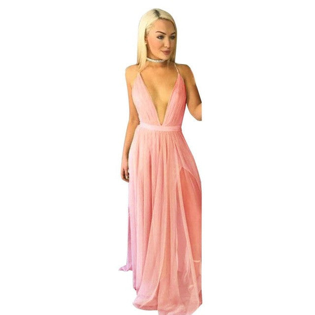 Women Chiffon Long Dress 2017 Summer Sleeveless Boho Evening Party Beach Dress Sexy Deep V Neck 4 Colors Split Maxi Dress