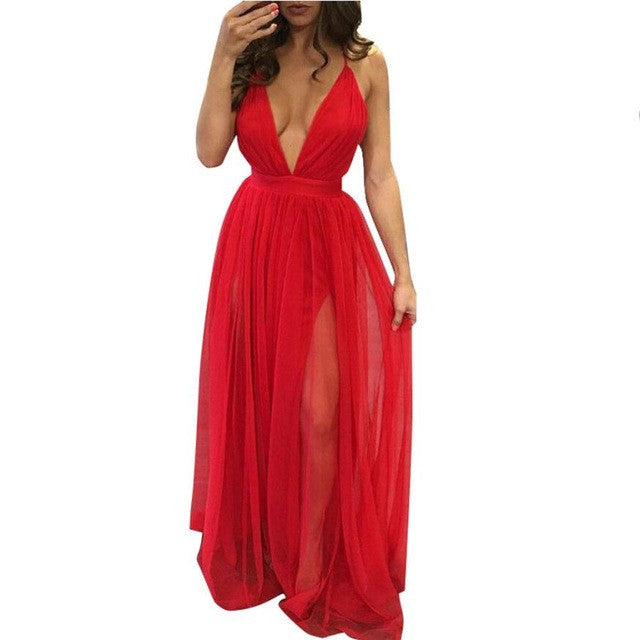 Women Chiffon Long Dress 2017 Summer Sleeveless Boho Evening Party Beach Dress Sexy Deep V Neck 4 Colors Split Maxi Dress
