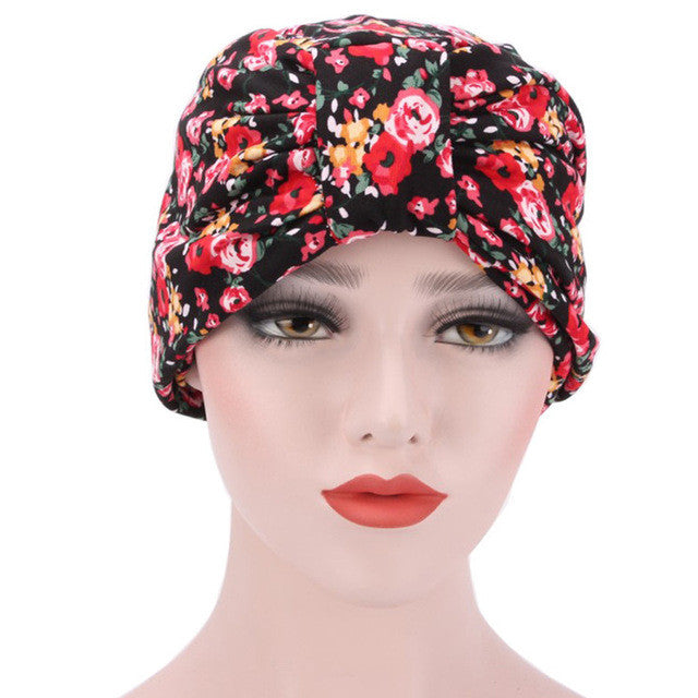 Muslim Hat Women Bowknot Flower Printed Ruffle Cancer Chemo Hat Beanie Turban Head Wrap Cap High Quality Fitted Hat