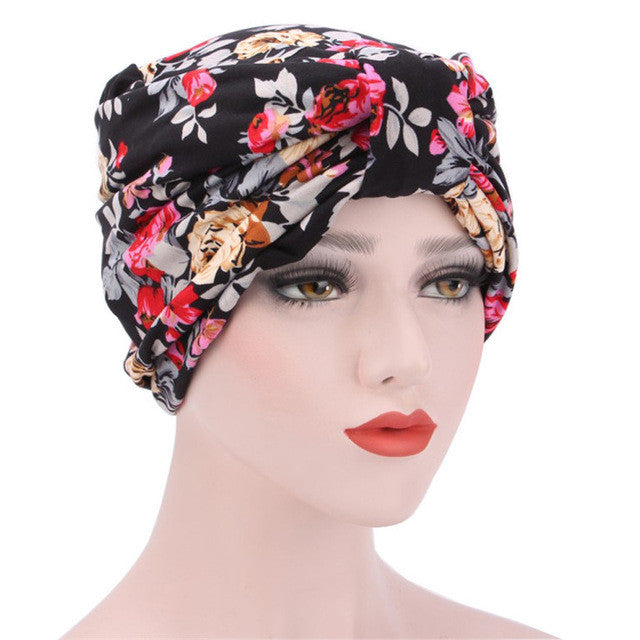 Muslim Hat Women Bowknot Flower Printed Ruffle Cancer Chemo Hat Beanie Turban Head Wrap Cap High Quality Fitted Hat