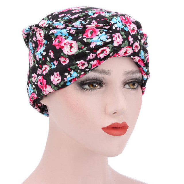 Muslim Hat Women Bowknot Flower Printed Ruffle Cancer Chemo Hat Beanie Turban Head Wrap Cap High Quality Fitted Hat