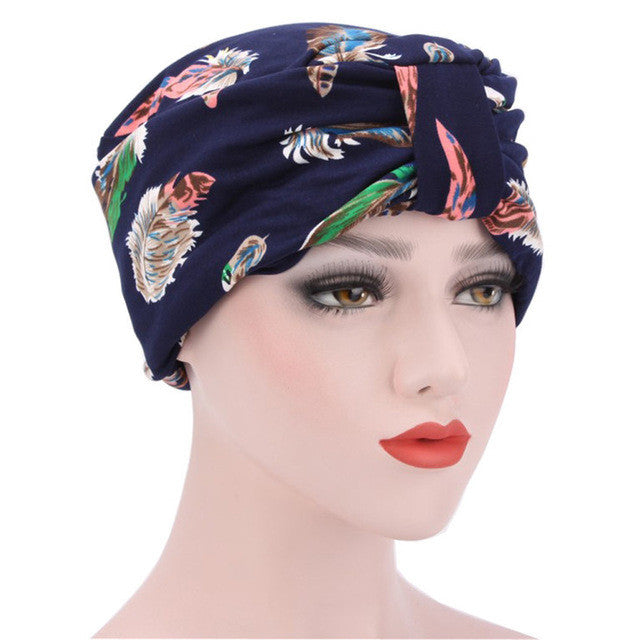 Muslim Hat Women Bowknot Flower Printed Ruffle Cancer Chemo Hat Beanie Turban Head Wrap Cap High Quality Fitted Hat