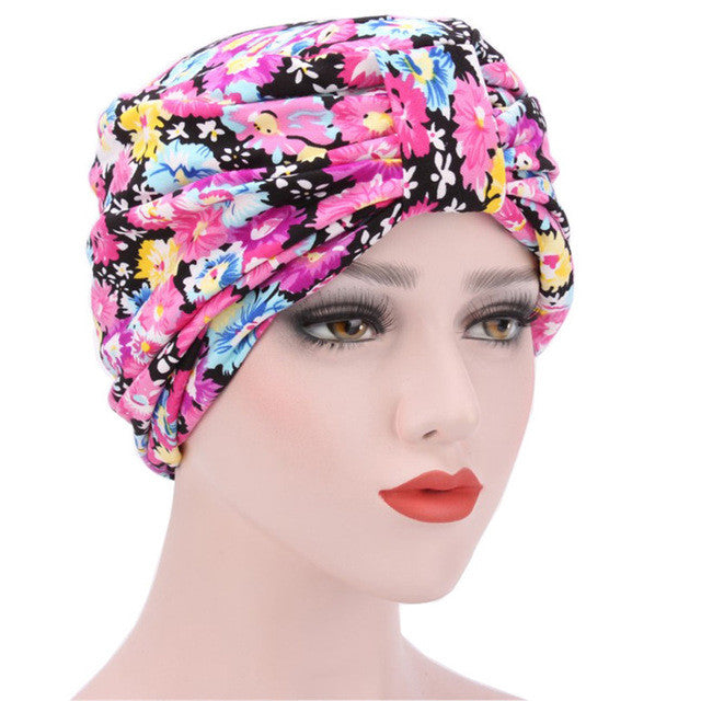 Muslim Hat Women Bowknot Flower Printed Ruffle Cancer Chemo Hat Beanie Turban Head Wrap Cap High Quality Fitted Hat
